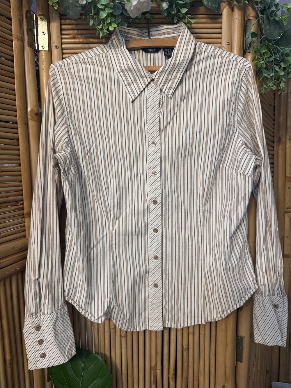 Striped Cream and Brown Button-Down Shirt
